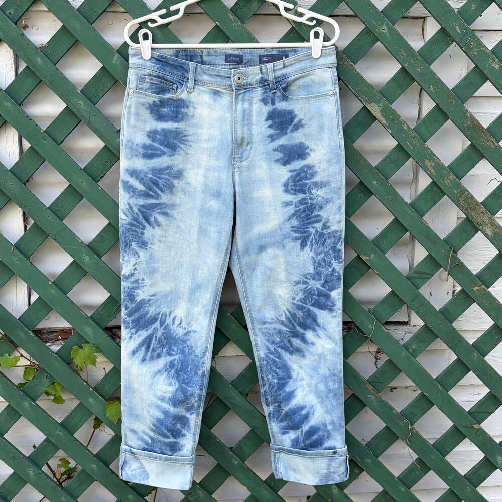 J. Jill Tie Dye Jeans Women’s 8 High Rise Cropped Rolled Cuff Blue & White